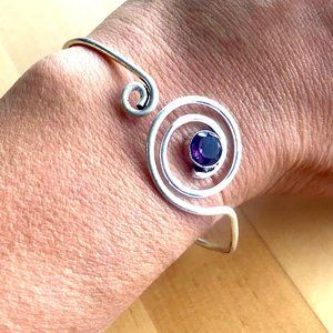 Unique wire cuff bracelet, Silver Swirl with Purple